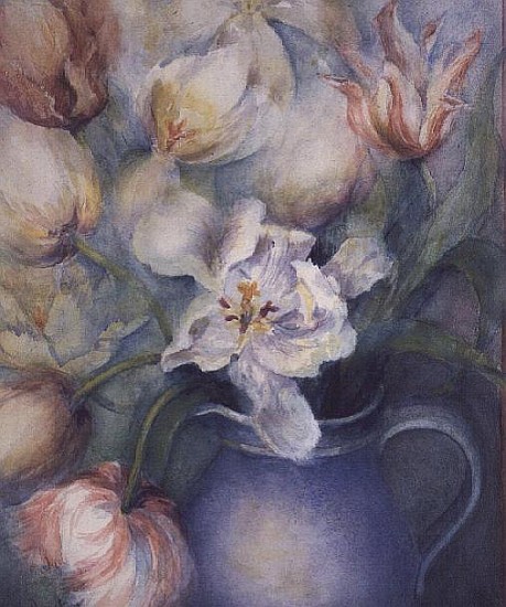 Tulips in a blue jug, white parrot and china pink  van Karen  Armitage