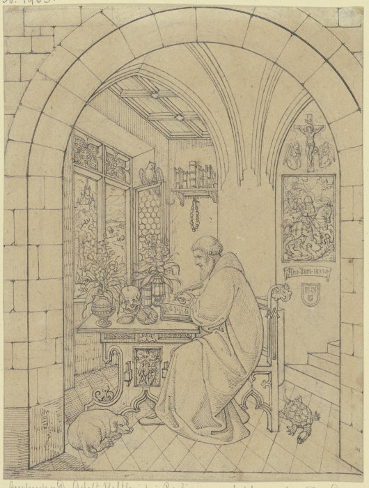 Albertus Magnus in einem gotischen Zimmer studierend, links sein Hund, rechts eine Schildkröte van Karl Ballenberger