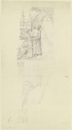 Detail eines Chorstuhles, zwei Kaiser neben dem Modell einer Kirche, zu ihren Füßen ein Löwe und ein