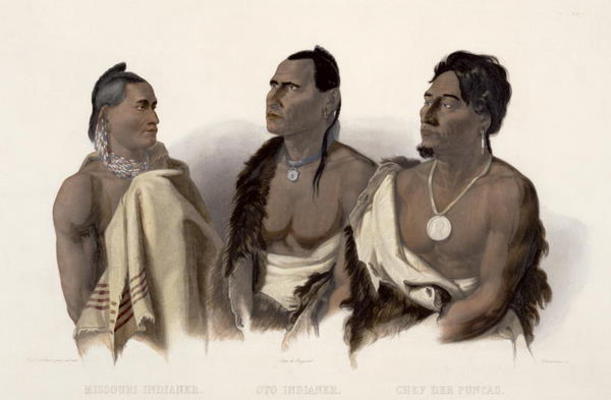 A Missouri Indian, an Oto Indian and the Chief of the Puncas, plate 7 from 'Travels in the Interior van Karl Bodmer