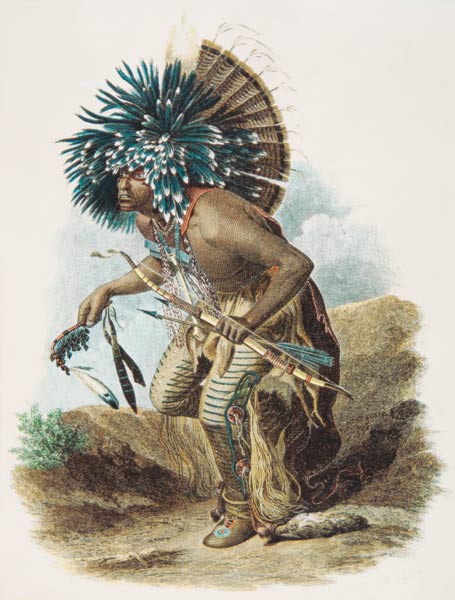 Medicine man of the Mandan tribe in the costume of the Dog Dance, 1834 (colour litho) van Karl Bodmer