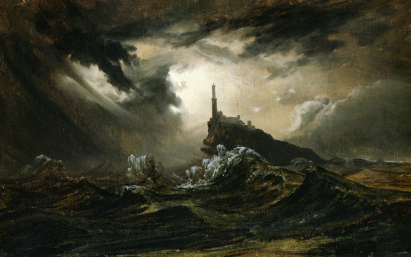 Stormy sea with Lighthouse van Karl Eduard Ferdinand Blechen