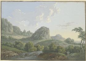 Bergige Landschaft mit einem hohen Felsen, im Mittelgrund zwei Männer bei einem Waldbach rastend