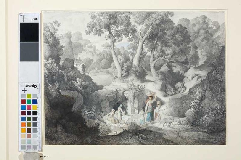 Heroische Landschaft mit Landleuten beim Brunnen van Karl Heinrich Dreber