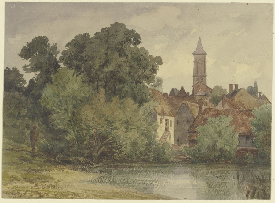 Weiher, dahinter Häuser eines Dorfes mit Kirchturm van Karl Peter Burnitz