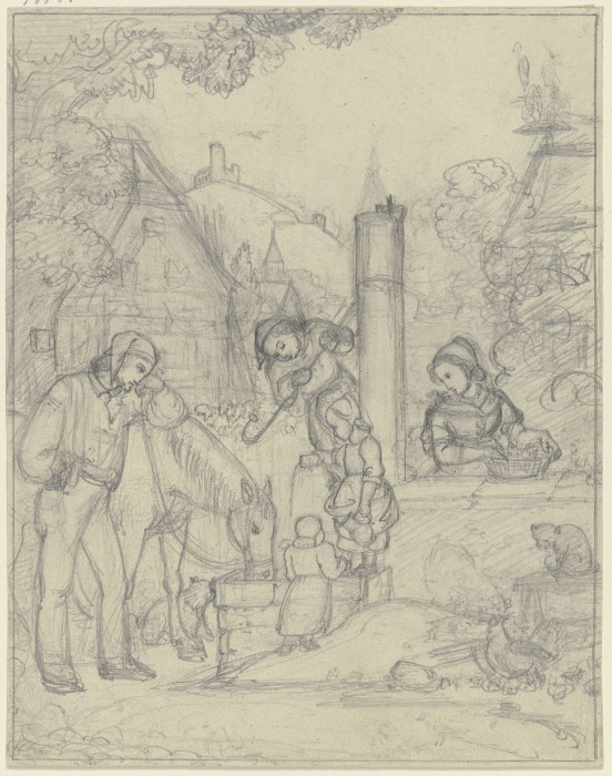 Knecht mit Pferd und Bauernkindern an einem Dorfbrunnen van Karl Sandhaas