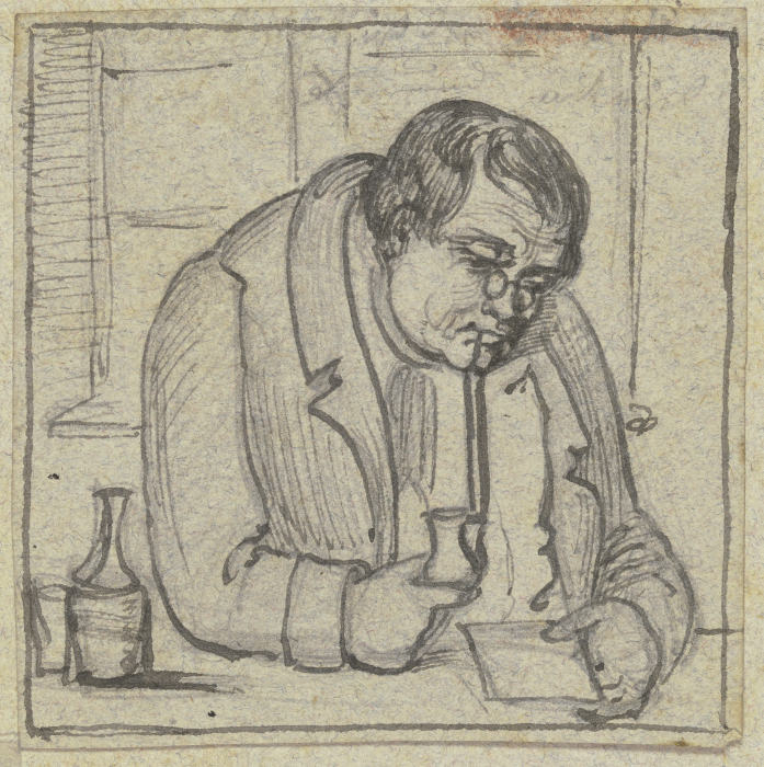 Mann mit Pfeife, lesend an einem Tisch sitzend van Karl Sandhaas