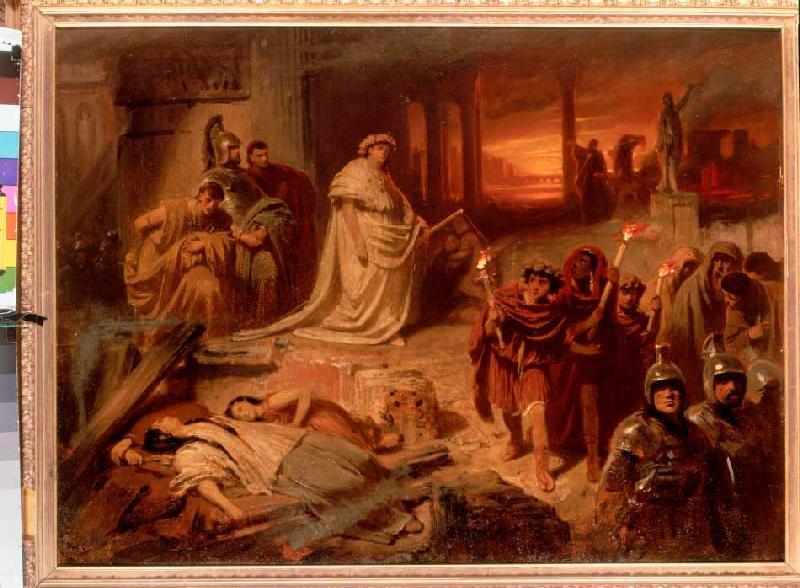 Nero auf den Trümmern des brennenden Rom. van Karl Theodor von Piloty
