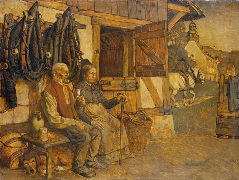 Feierabend, Bauernpaar vor dem Pferdestahl van Karl Friedrich (Fritz) Boehle