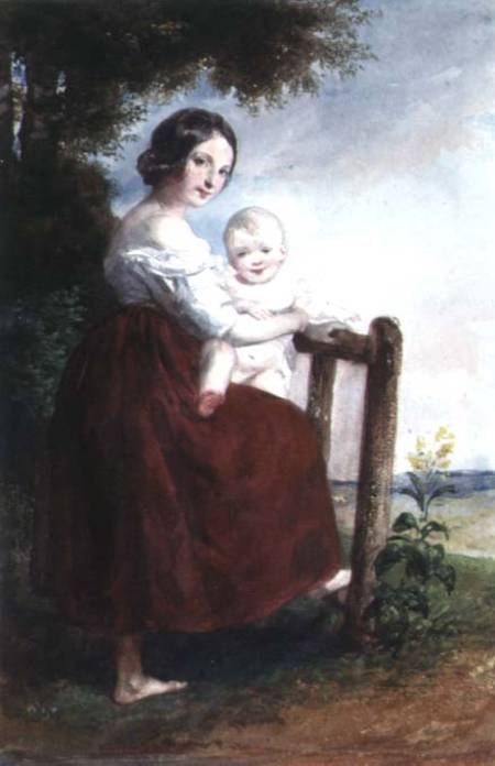 Girl holding a Baby: Landscape Background van Károly Brocky
