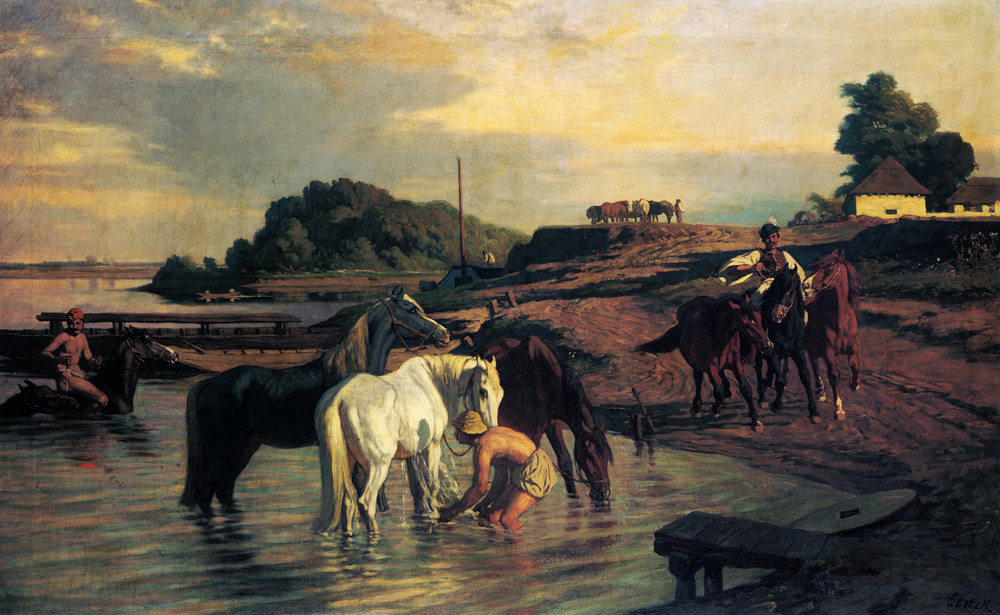Pferde an der Theiss. van Károly Lotz