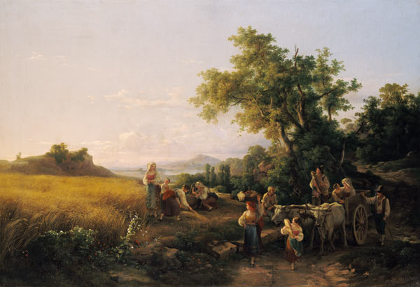 Italienische Landschaft mit Ochsenwagen während der Kornernte van Károly Markó