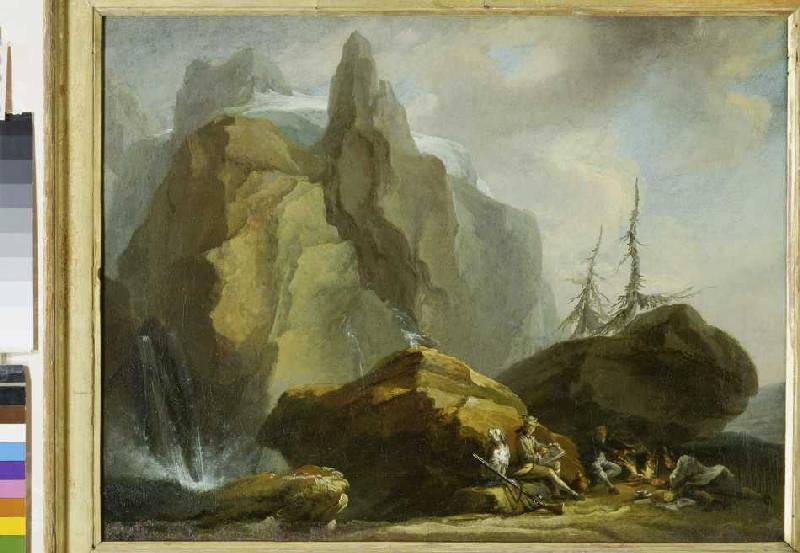 Hochgebirgslandschaft mit rastenden Bergsteigern und dem Maler van Kaspar Wolf