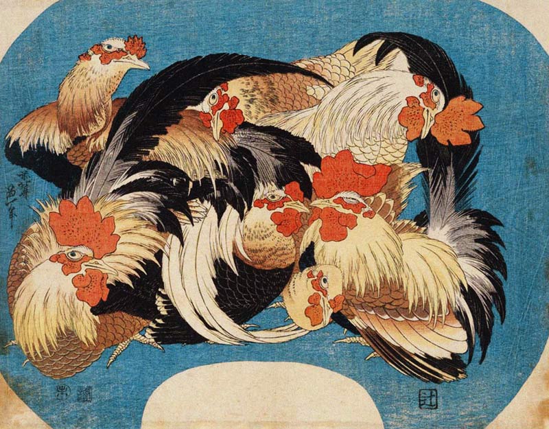 Flock of Chickens van Katsushika Hokusai