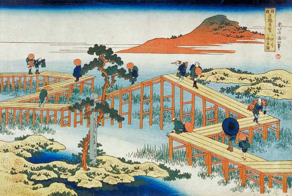 Eight part bridge, province of Mucawa, Japan, c.1830 (wood block print) van Katsushika Hokusai
