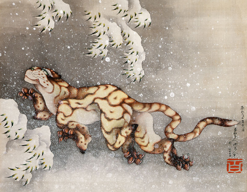 Tiger in a snowstorm van Katsushika Hokusai