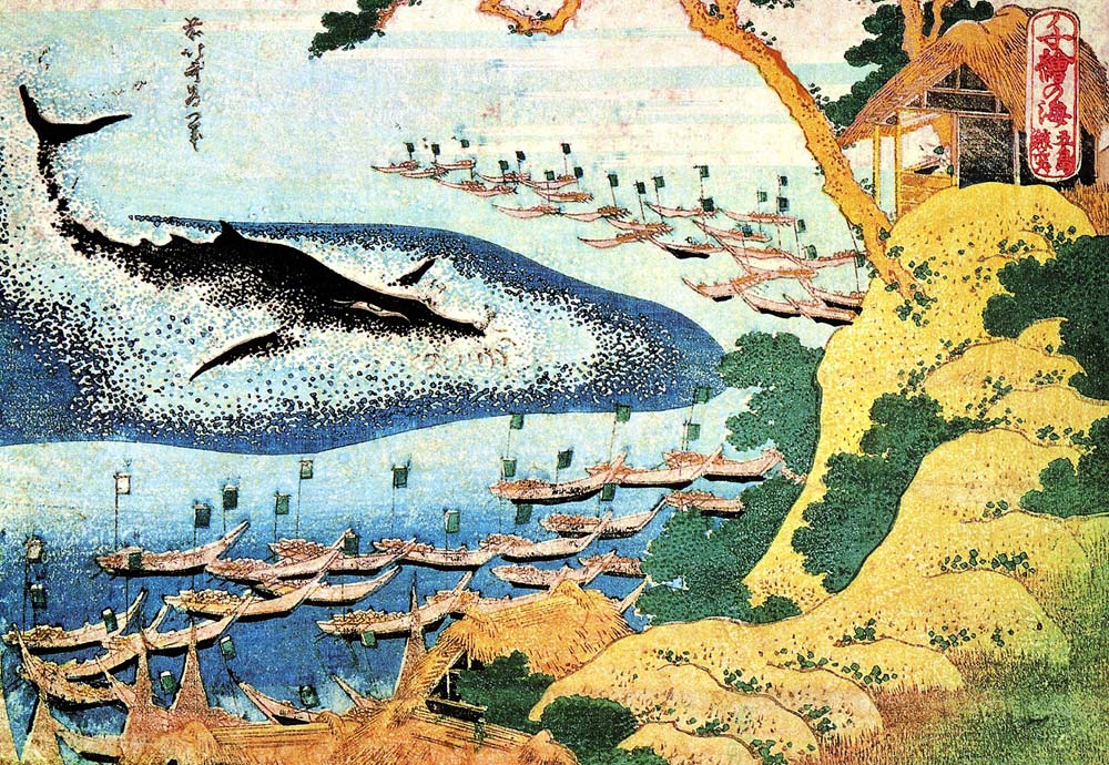 Whaling off the Goto Islands (from a Series "One Thousand Pictures of the Ocean") van Katsushika Hokusai