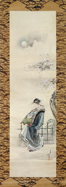 Courtesan out for a walk (pen & ink with wash on paper) van Katsushika Hokusai