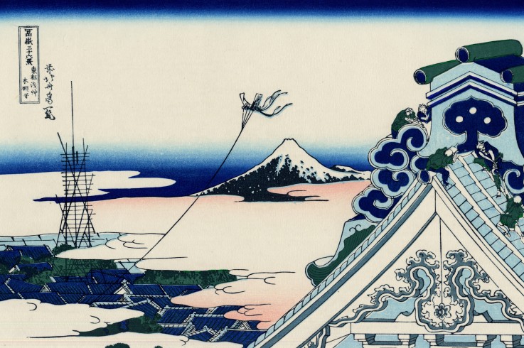 Asakusa Hongan-ji temple in the Eastern capital, Edo (from a Series "36 Views of Mount Fuji") van Katsushika Hokusai