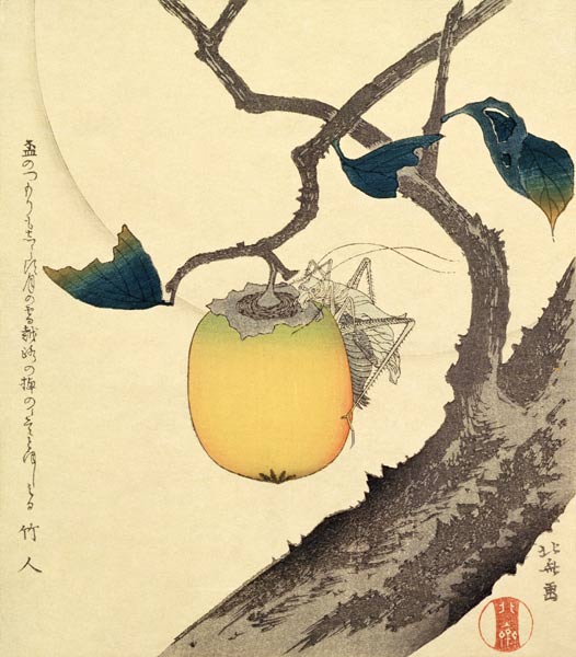 Moon, Persimmon and Grasshopper, 1807 (colour woodcut) van Katsushika Hokusai