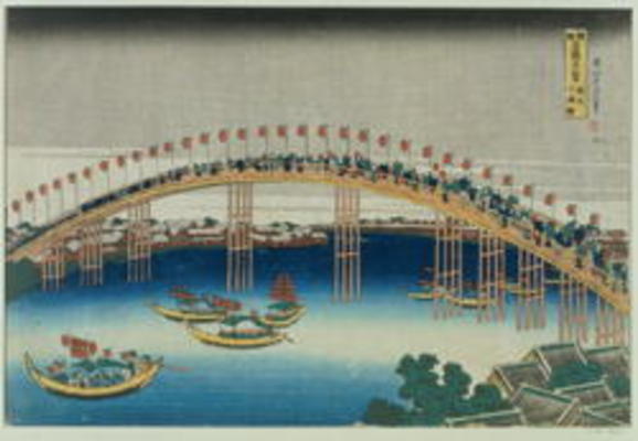 Procession over a Bridge (colour woodblock print) van Katsushika Hokusai