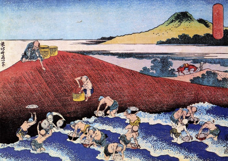 Ocean landscape with fishermen (from a Series "One Thousand Pictures of the Ocean") van Katsushika Hokusai