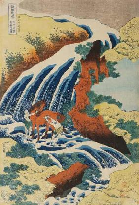 Two Men Washing A Horse in A Waterfall