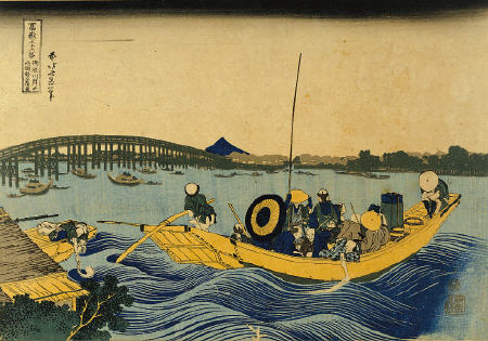 View Of The Evening Glow At Ryogoku Bridge From Onmayagashi van Katsushika Hokusai