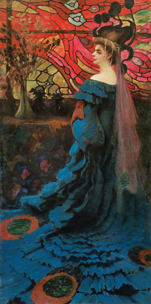 Frau vor einem Glasfenster (Der Pfau) Bildnis der Zofia Borucinska. van Kazimierz Stabrowski