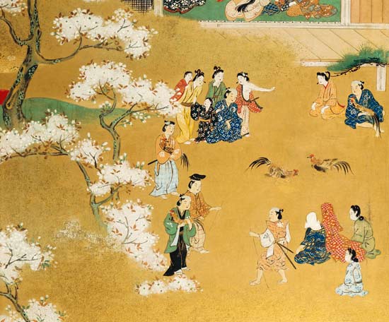 A Detail From An Eight-Leafed Screen In Sumi  Depicting a Cock Fight Beneath Cherry Tree Blossoms van Kitagawa  Utamaro