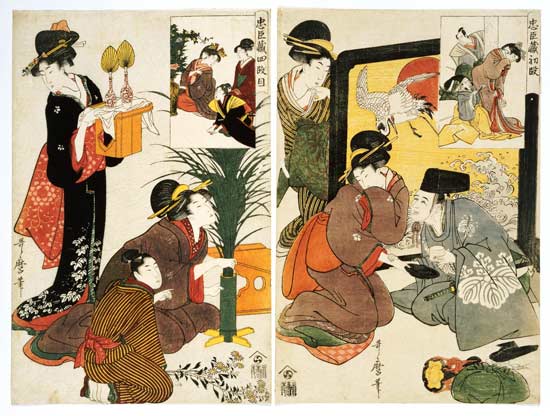 Two Scenes From The Series  ''Loyal League'' Depicting Everyday Life Of An Edo Period Household van Kitagawa  Utamaro