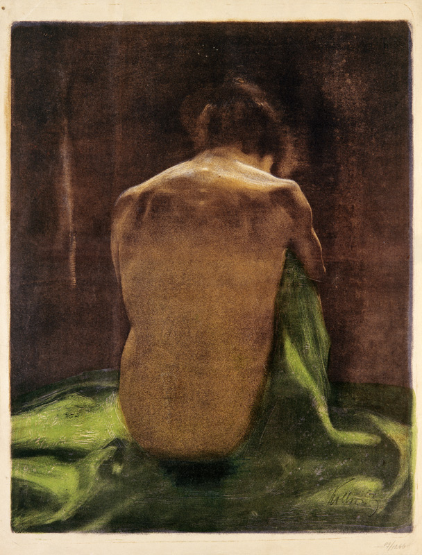 Weiblicher Rückenakt auf grünem Tuch van Käthe Kollwitz