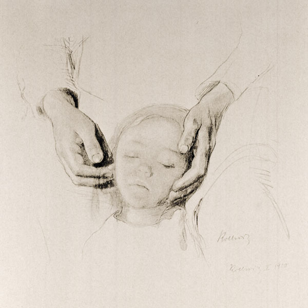 Kopf eines Kindes in Händen. van Käthe Kollwitz