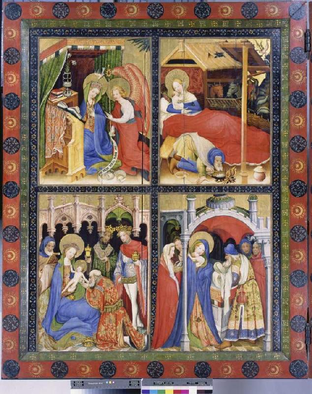 Altarflügel - Links: o.li. Ankündigung der Geburt Christi, o.re. Geburt Christi, u.li. Anbetung der  van Konrad von Soest