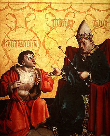 Antipater kneeling before Juilus Caesar, from the Mirror of Salvation Altarpiece, c.1435 (tempera on van Konrad Witz
