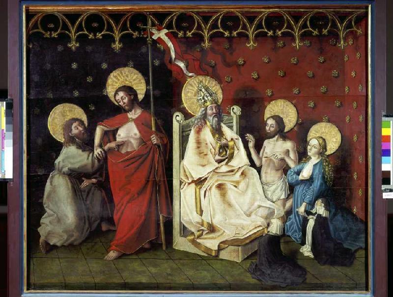 Christus und der ungläubige Thomas, sowie Maria vor Gottvater Rechter Flügel eines Triptychons van Konrad Witz (Schule)