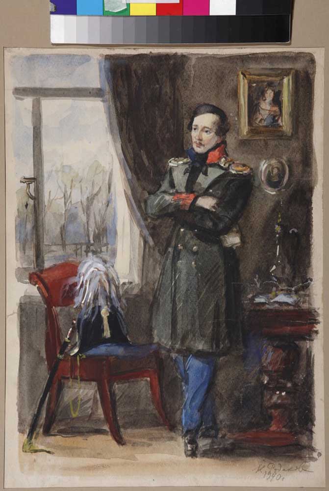 Portrait of the poet Mikhail Yuryevich Lermontov (1814-1841) van Konstantin Iwanowitsch Rudakow