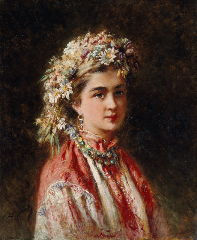Young girl with flower garland van Konstantin Jegorowitsch Makowski