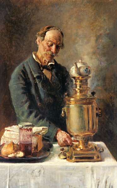 Teetrinker am Samowar van Konstantin Jegorowitsch Makowski