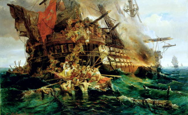 A Turkish Warship on Fire, 1868 (oil on canvas) van Konstantinos or Constantin Bolanachi
