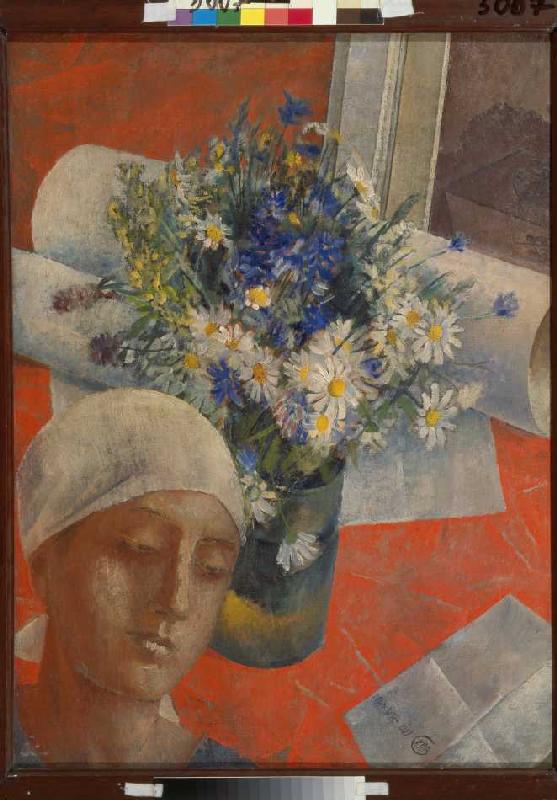 Frauenkopf und Vase mit Blumen van Kosjma Ssergej. Petroff-Wodkin