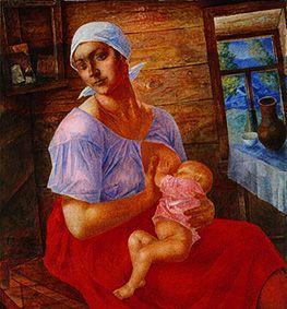 Russische Bauersfrau beim Stillen ihres Babys.