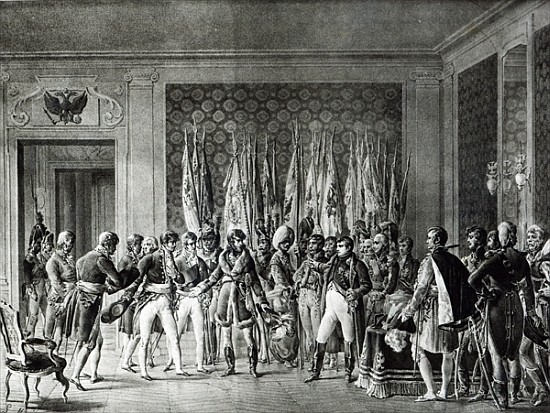 Napoleon gives the flags won at Austerlitz in 1805 to the Mayors of Paris visiting him at Schonbrunn van L. Marin