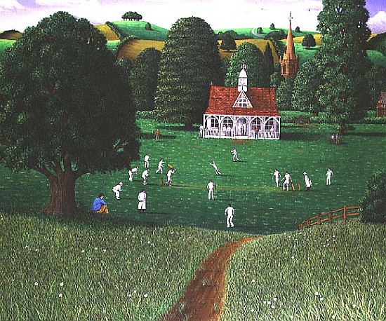 Cricket Match at St. Mary''s Grange, Wilts, 1986 (acrylic on linen)  van Larry  Smart