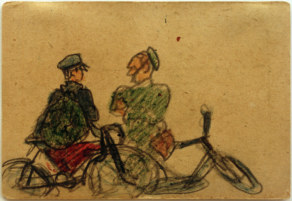Ohne Titel (Fahrradfahrer im Gespräch)  van László Moholy-Nagy