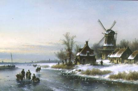 Windmill by a Frozen River van Laurens Johannes Kleijn