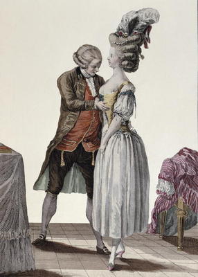 A tailor trying out a fashionable corset on a lady, plate from 'Galerie des Modes et Costumes', engr van Le Clere