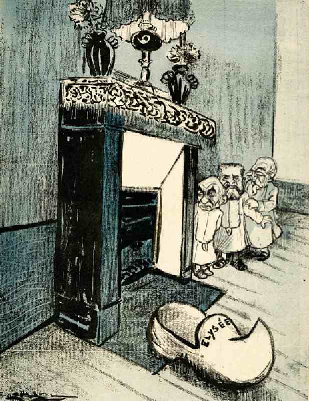 Georges Clémenceau, Armand Fallières and Émile Combes wait by the fireplace to surprise Santa. 1905. van Leal de Camara