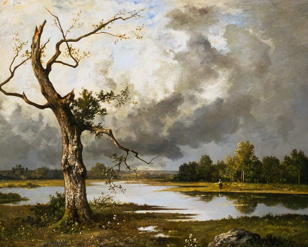Französische Flusslandschaft mit absterbendem Baum. van Léon Richet