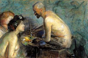 Faun und Nymphen (Satirisches Bildnis des Malers Jacek Malczewski) van Leon Wyczolkowski